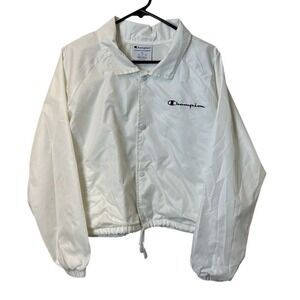 Champion Women's Cropped Coach Jacket White Embroidered Logo Size XL
